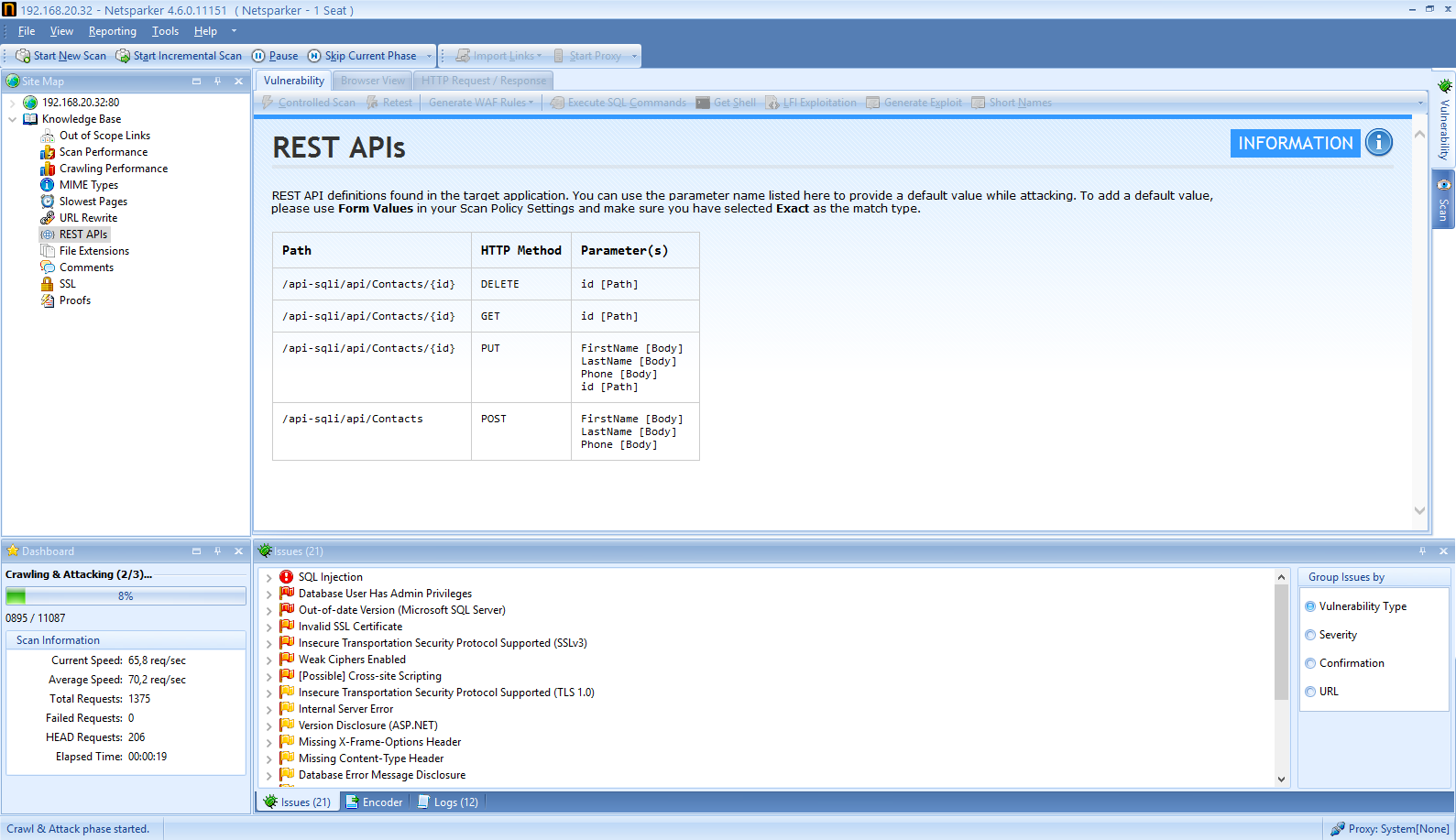 Netsparker Desktop, RESTful Web Servislerini Tespit Eder ve Bunları Knowledge Base'de Listeler