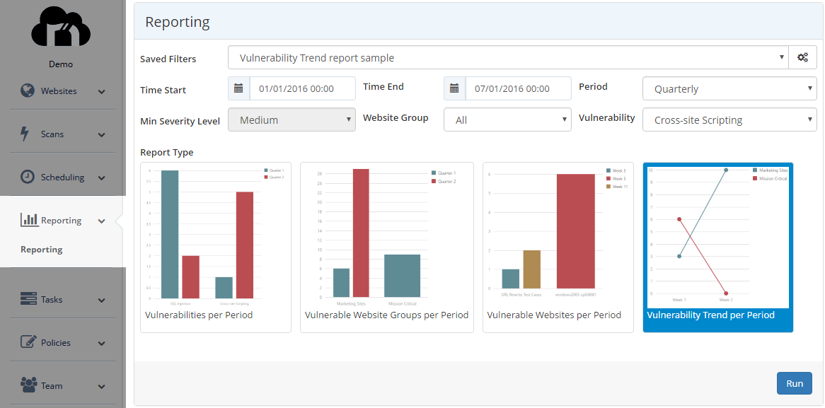 Invicti Enterprise'da Bulunan, İstatistiksel Raporlar Oluşturmanıza Olanak Sağlayan Reporting Tool