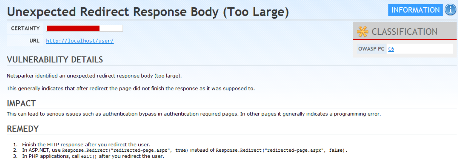 Unexpected Redirect Response Body (Too Large) Problemine Dair Netsparker Ekran Görüntüsü